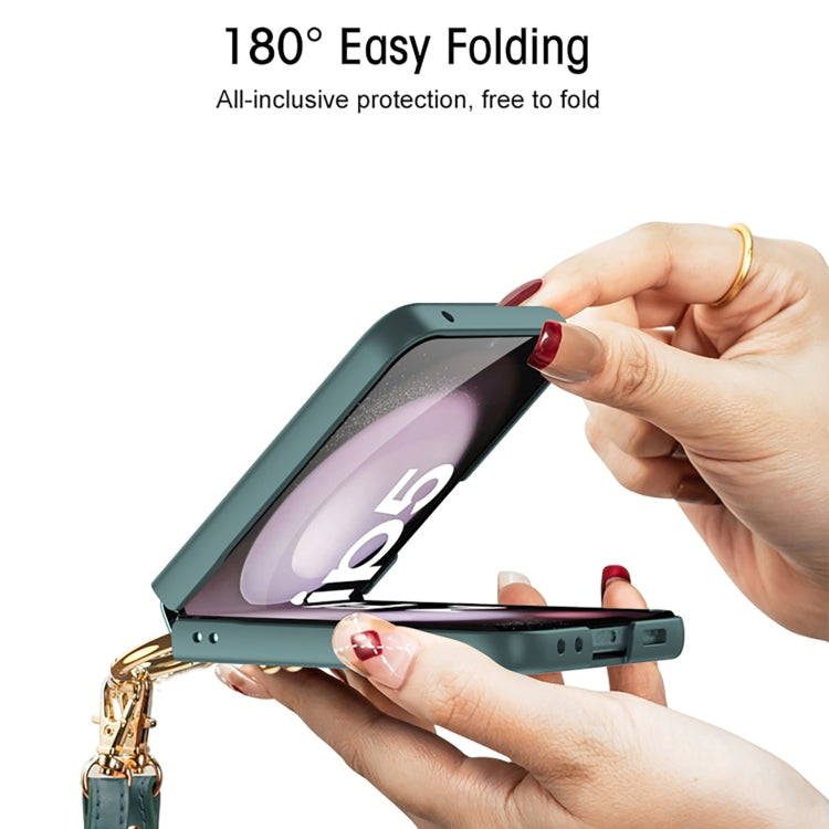 For Samsung Galaxy Z Flip5 GKK Ultra-thin PC Full Coverage Ring Holder Phone Case with Strap(Dark Green)