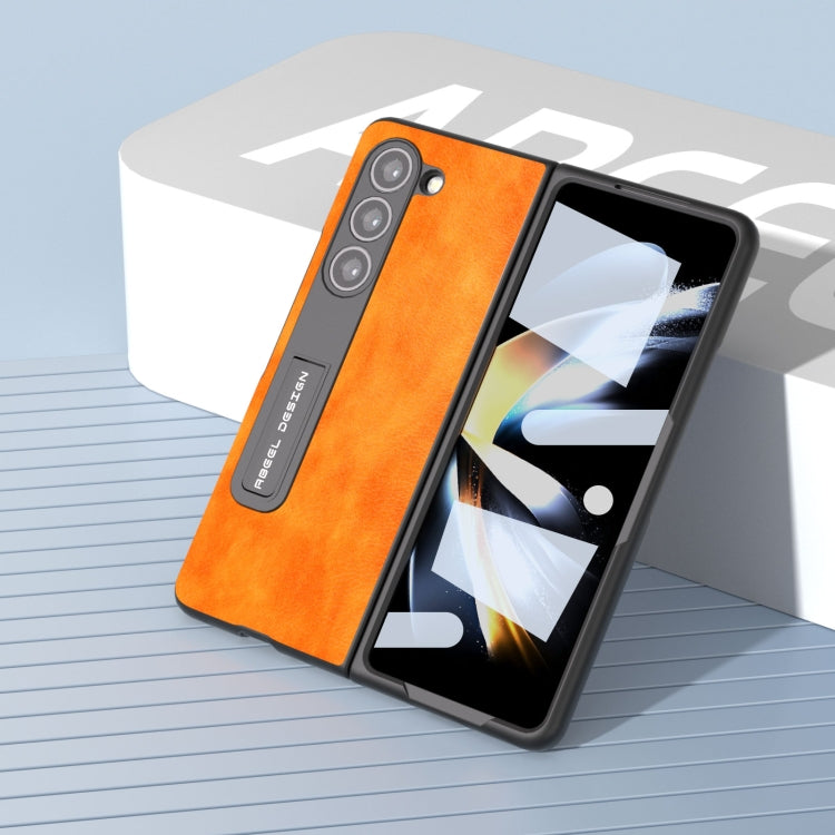 For Samsung Galaxy Z Fold5 ABEEL Integrated Dual Color Lichi Texture PU Phone Case with Holder(Orange)