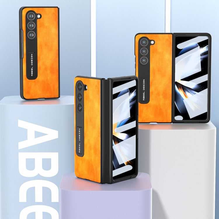 For Samsung Galaxy Z Fold5 ABEEL Integrated Dual Color Lichi Texture PU Phone Case with Holder(Orange)