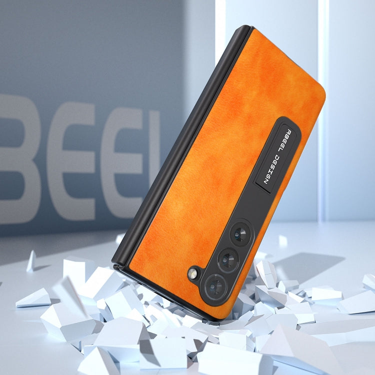 For Samsung Galaxy Z Fold5 ABEEL Integrated Dual Color Lichi Texture PU Phone Case with Holder(Orange)