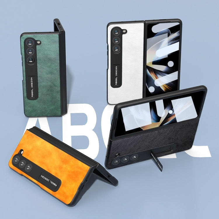 For Samsung Galaxy Z Fold5 ABEEL Integrated Dual Color Lichi Texture PU Phone Case with Holder(Orange)