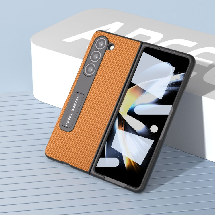 For Samsung Galaxy Z Fold5 ABEEL Integrated Carbon Fiber Texture Protective Phone Case with Holder(Light Brown)