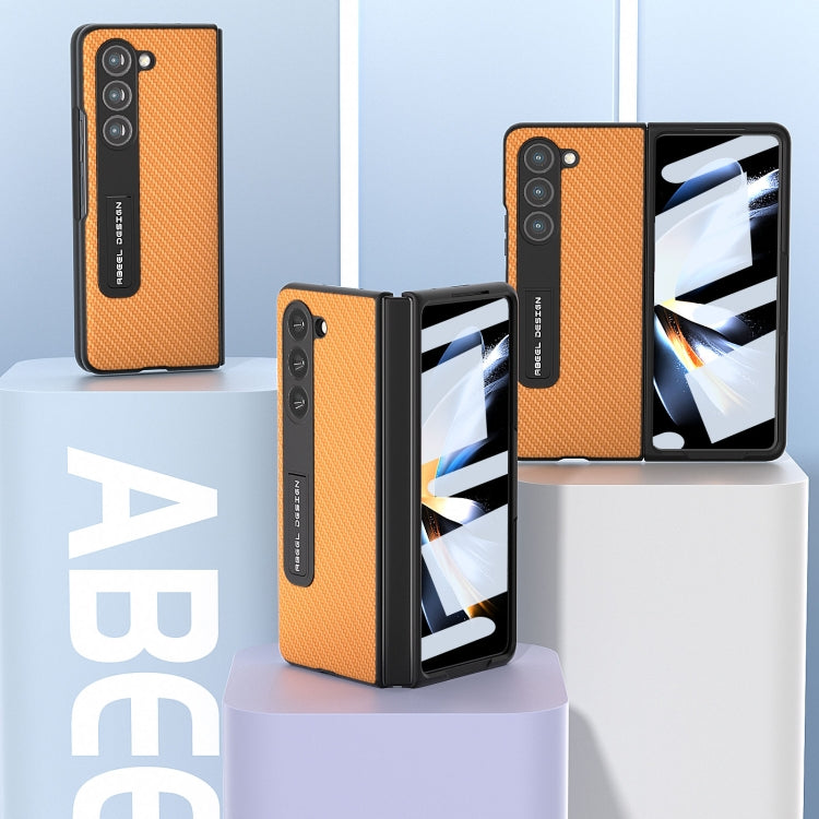 For Samsung Galaxy Z Fold5 ABEEL Integrated Carbon Fiber Texture Protective Phone Case with Holder(Light Brown)