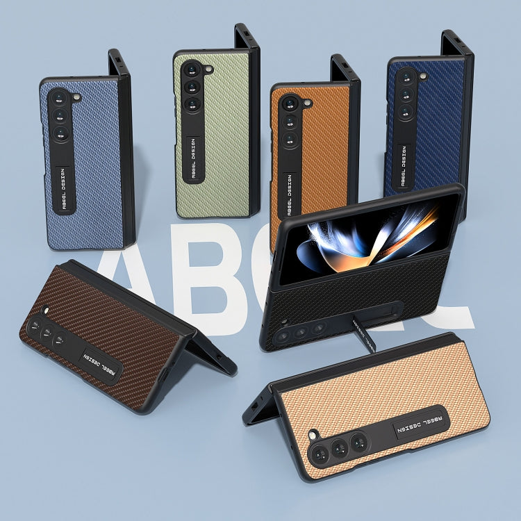For Samsung Galaxy Z Fold5 ABEEL Integrated Carbon Fiber Texture Protective Phone Case with Holder(Light Brown)
