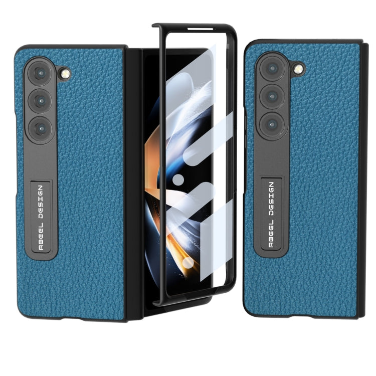 For Samsung Galaxy Z Fold5 ABEEL Integrated Genuine Leather Litchi Texture Phone Case with Holder(Blue)