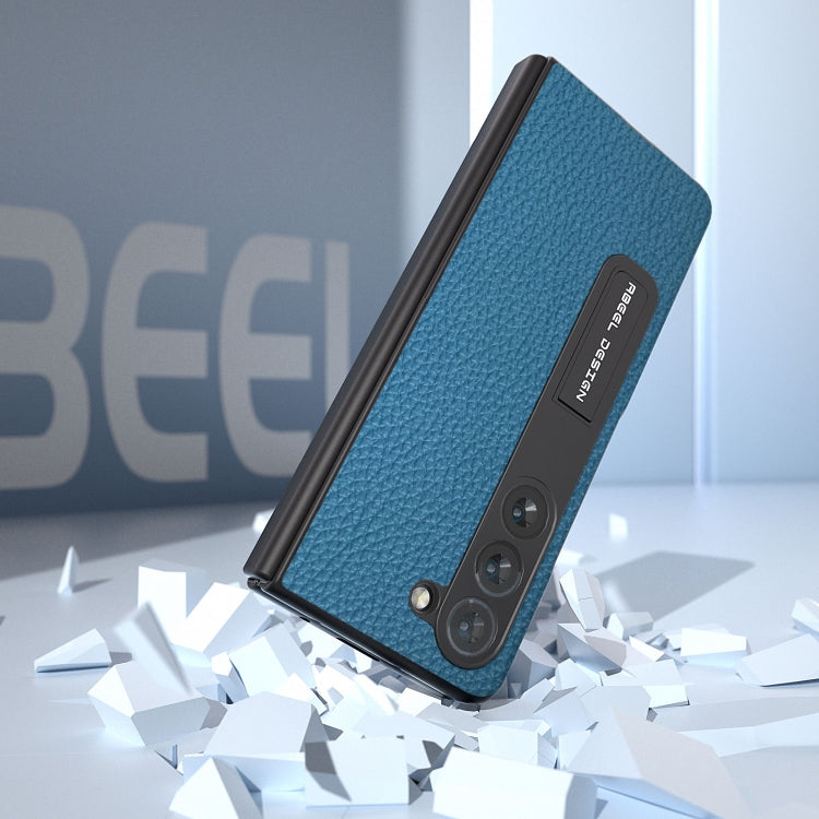 For Samsung Galaxy Z Fold5 ABEEL Integrated Genuine Leather Litchi Texture Phone Case with Holder(Blue)