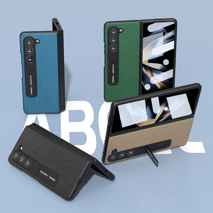 For Samsung Galaxy Z Fold5 ABEEL Integrated Genuine Leather Litchi Texture Phone Case with Holder(Blue)