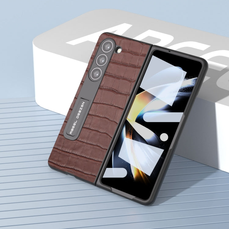 For Samsung Galaxy Z Fold5 ABEEL Integrated Crocodile Texture Genuine Leather Phone Case with Holder(Brown)