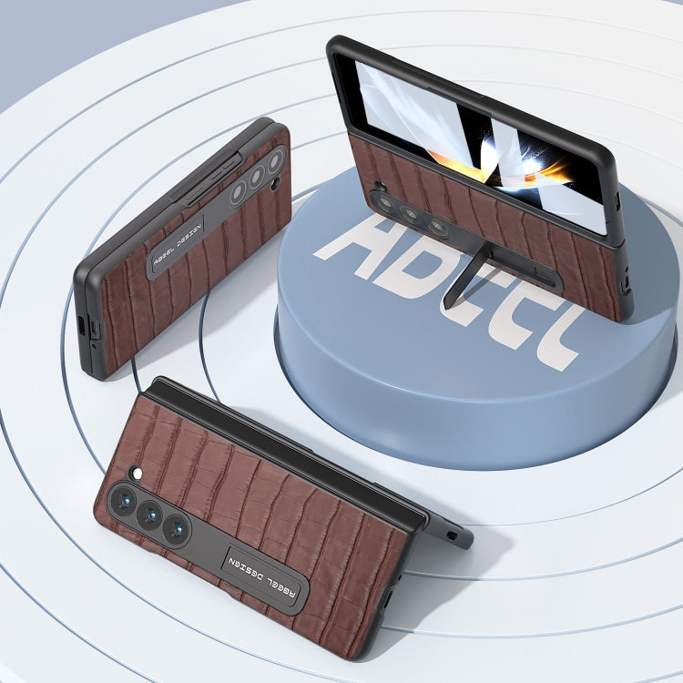 For Samsung Galaxy Z Fold5 ABEEL Integrated Crocodile Texture Genuine Leather Phone Case with Holder(Brown)