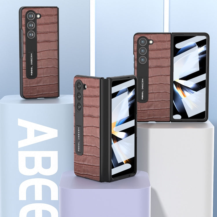 For Samsung Galaxy Z Fold5 ABEEL Integrated Crocodile Texture Genuine Leather Phone Case with Holder(Brown)