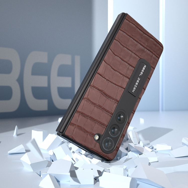 For Samsung Galaxy Z Fold5 ABEEL Integrated Crocodile Texture Genuine Leather Phone Case with Holder(Brown)