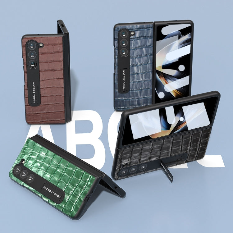 For Samsung Galaxy Z Fold5 ABEEL Integrated Crocodile Texture Genuine Leather Phone Case with Holder(Brown)