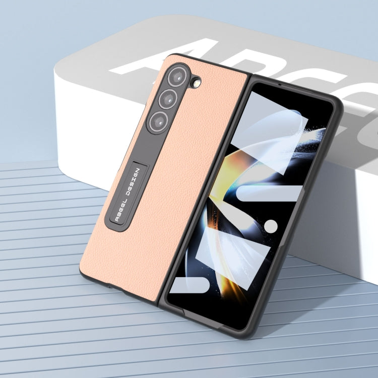 For Samsung Galaxy Z Fold5 ABEEL Integrated Genuine Leather + PC Litchi Texture Phone Case with Holder(Pink Gold)
