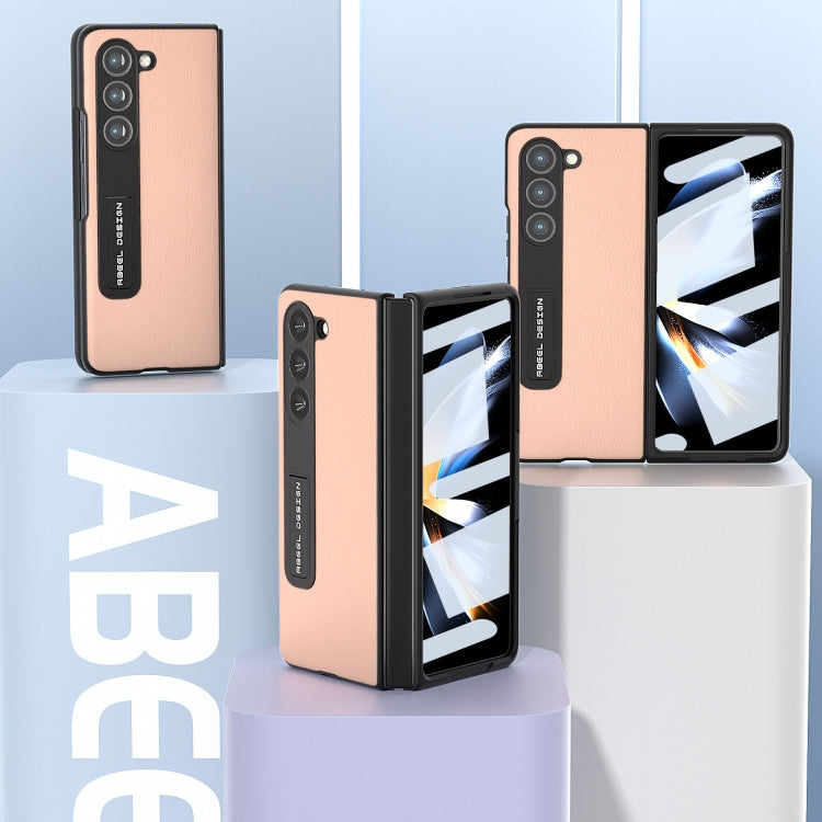 For Samsung Galaxy Z Fold5 ABEEL Integrated Genuine Leather + PC Litchi Texture Phone Case with Holder(Pink Gold)