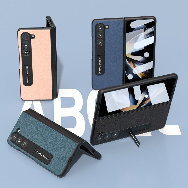 For Samsung Galaxy Z Fold5 ABEEL Integrated Genuine Leather + PC Litchi Texture Phone Case with Holder(Pink Gold)