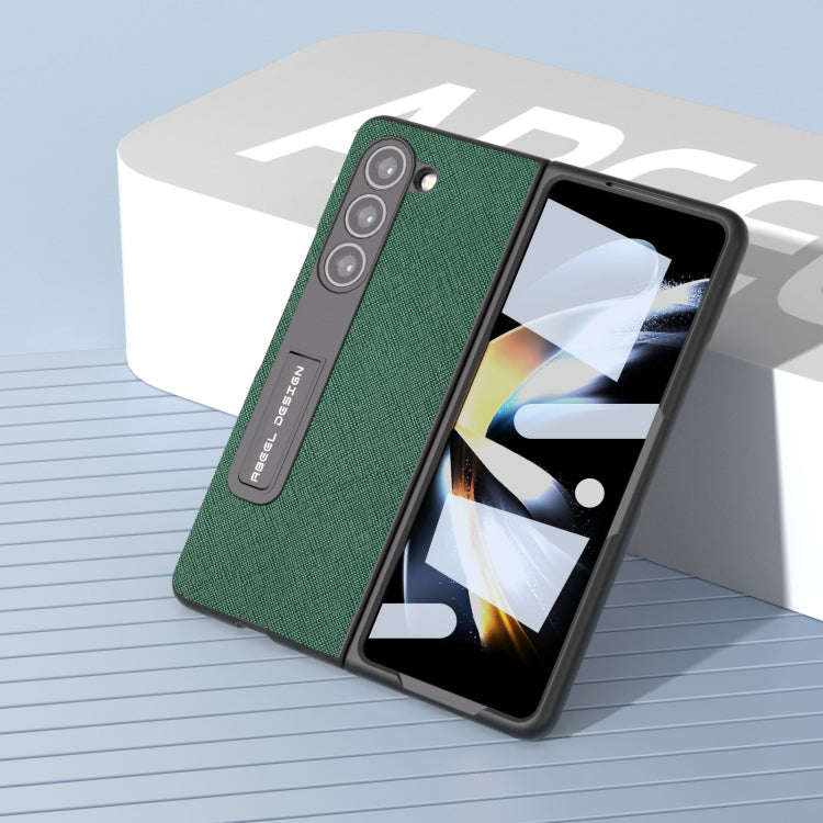 For Samsung Galaxy Z Fold5 ABEEL Integrated Cross Texture Genuine Leather Phone Case with Holder(Green)