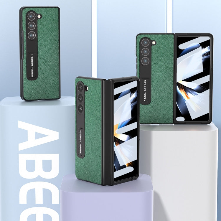 For Samsung Galaxy Z Fold5 ABEEL Integrated Cross Texture Genuine Leather Phone Case with Holder(Green)