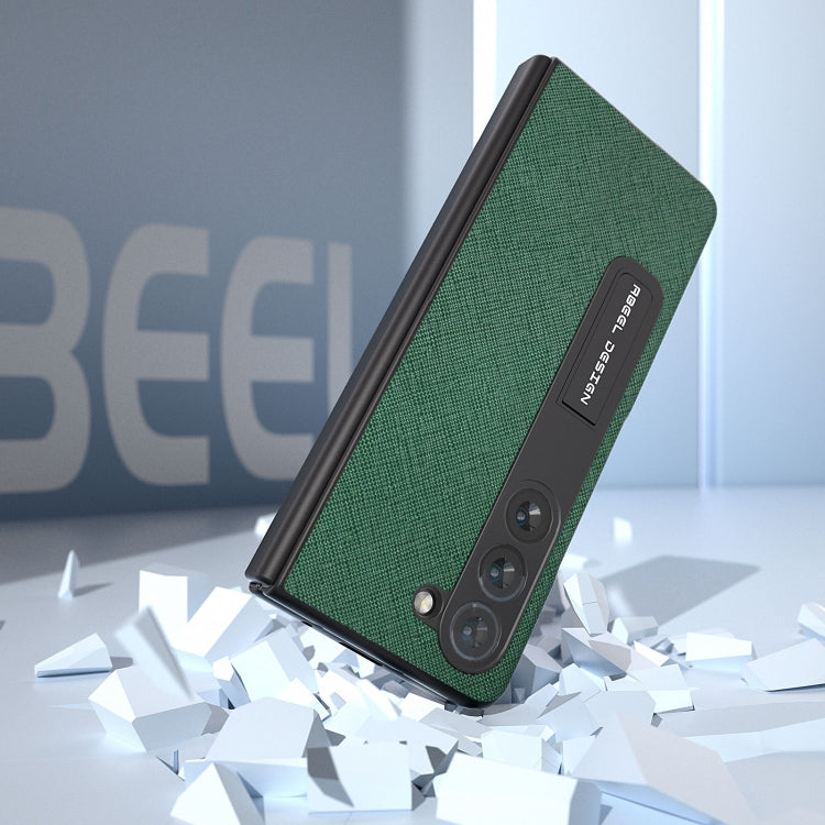 For Samsung Galaxy Z Fold5 ABEEL Integrated Cross Texture Genuine Leather Phone Case with Holder(Green)