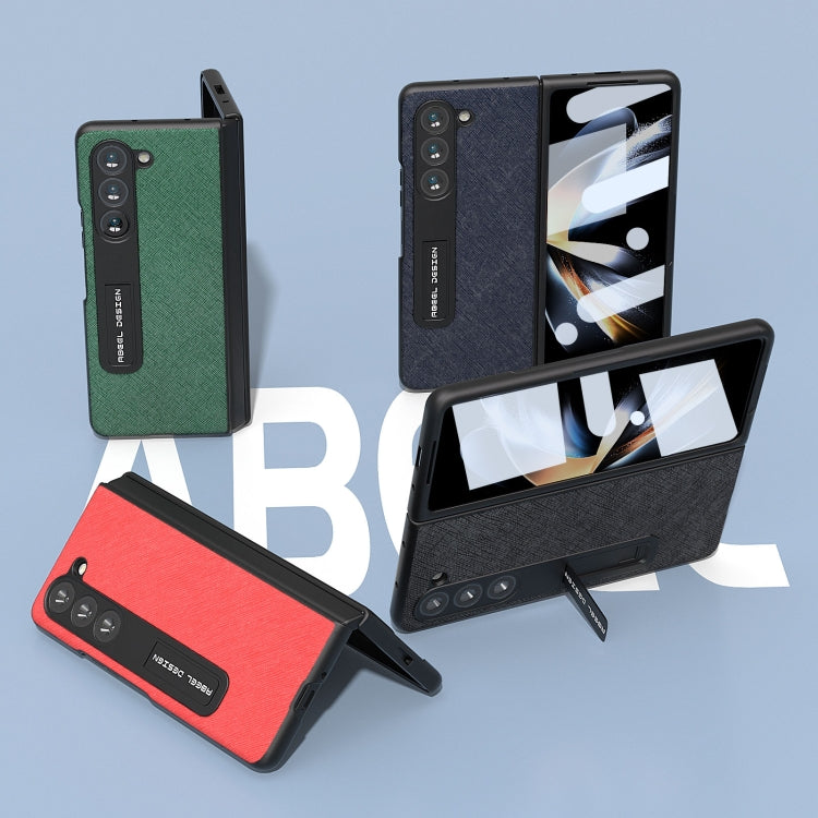 For Samsung Galaxy Z Fold5 ABEEL Integrated Cross Texture Genuine Leather Phone Case with Holder(Green)