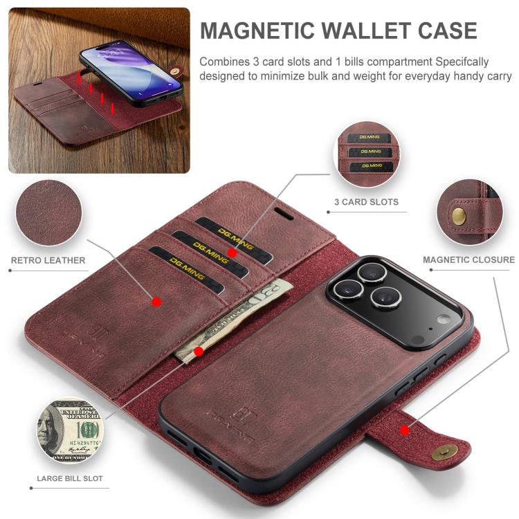 DG.MING Crazy Horse Texture Detachable Magnetic Leather Phone Case, For iPhone 17e / 16e, For iPhone 17 Pro Max, For iPhone 17 Pro, For iPhone 17