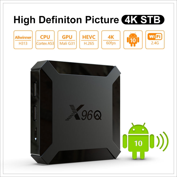 X96Q HD 4K Smart TV Box: Android 10.0, Allwinner H313 Quad-Core, 1GB RAM, 8GB Storage, HDMI, RJ45, AV, USB x2