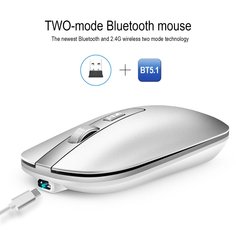 HXSJ M50 2.4GHZ 800,1200,1600dpi Three Gear Adjustment Dual-mode Wireless Mouse USB + Bluetooth 5.1 Rechargeable(Silver)