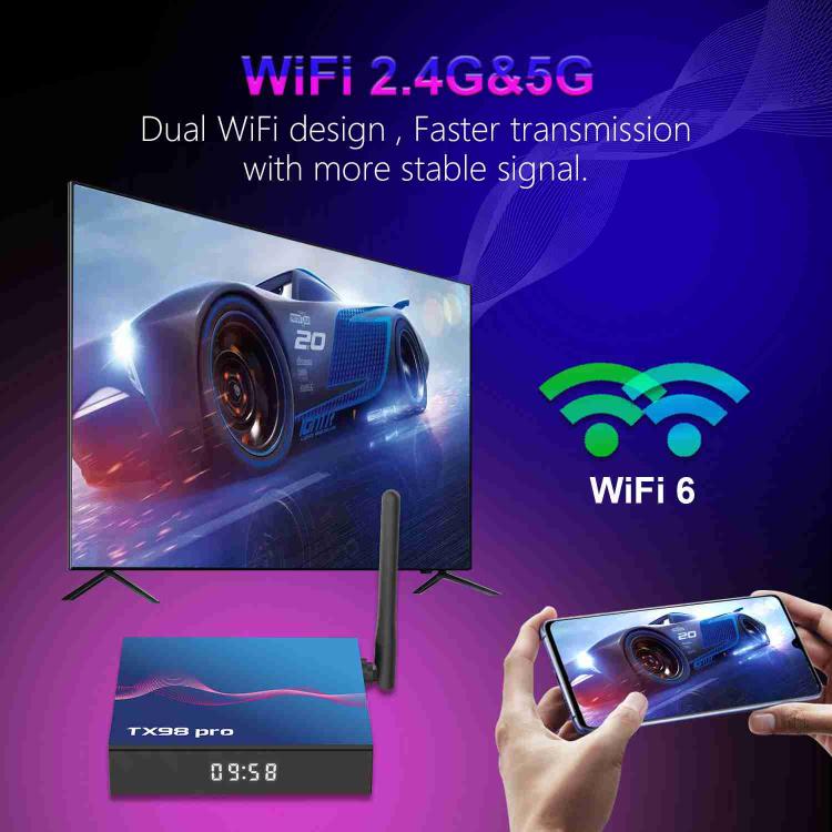 TX98 Pro 4K Ultra HD Android 14.0 Smart TV Box with Remote Control, Allwinner H616 Quad-Core, 2GB+16GB, 4GB+32GB, 4GB+64GB