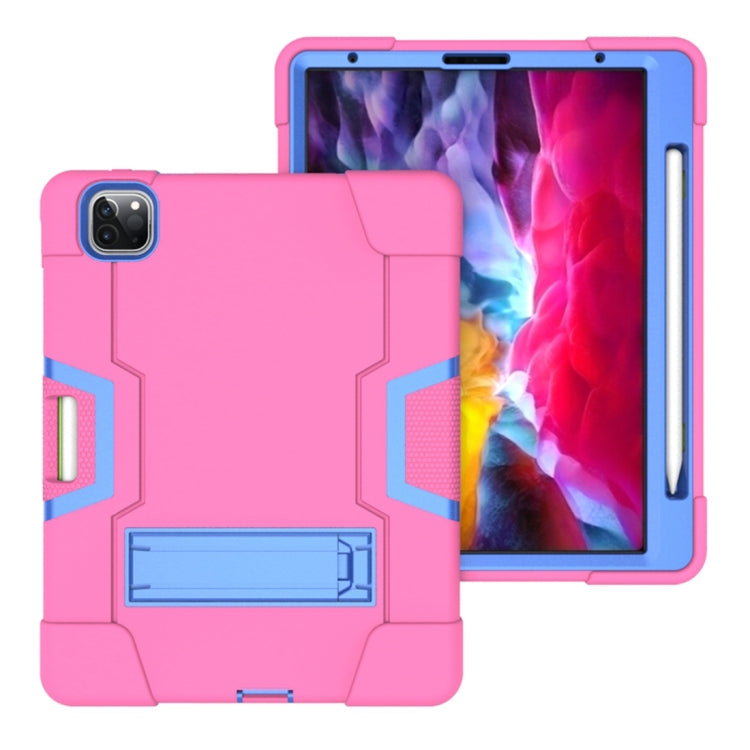 For iPad Pro 12.9 2021 / 2020 / 2019 Contrast Color Silicone + PC Protective Tablet Case with Holder(Rose Red + Blue)