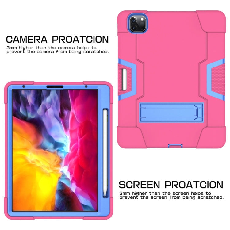 For iPad Pro 12.9 2021 / 2020 / 2019 Contrast Color Silicone + PC Protective Tablet Case with Holder(Rose Red + Blue)