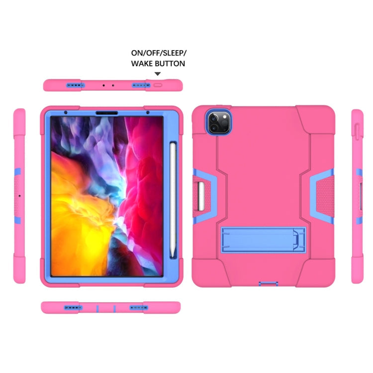 For iPad Pro 12.9 2021 / 2020 / 2019 Contrast Color Silicone + PC Protective Tablet Case with Holder(Rose Red + Blue)