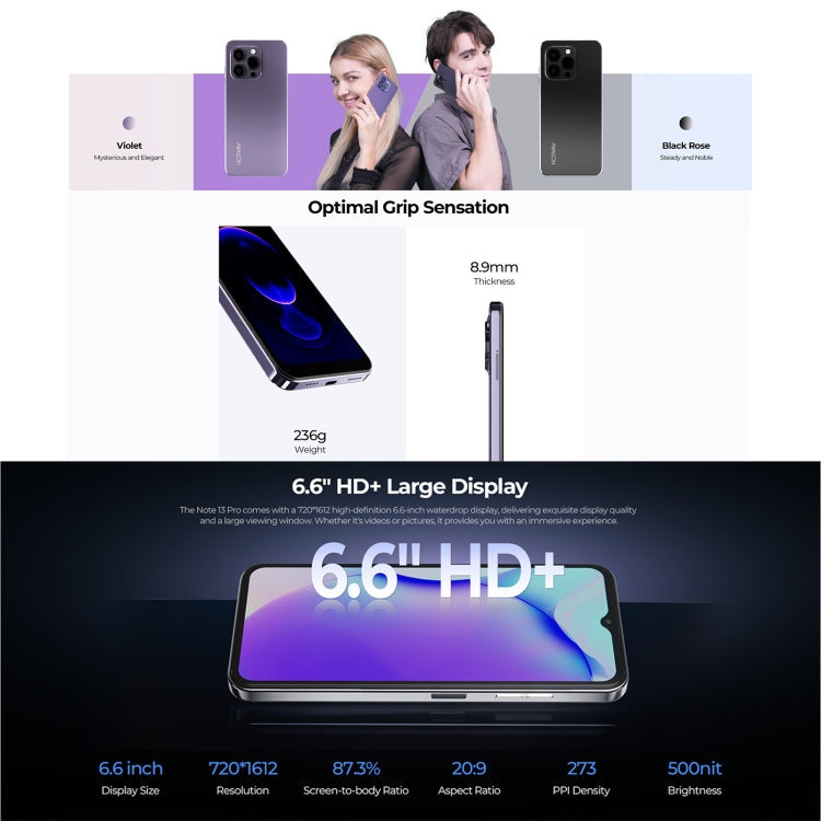 HOTWAV Note 13 Pro, 8GB+256GB, Side Fingerprint Identification, 6.6 inch Android 13 UMS9230 T606 Octa Core up to 1.6GHz, Network: 4G, NFC, OTG(Black)