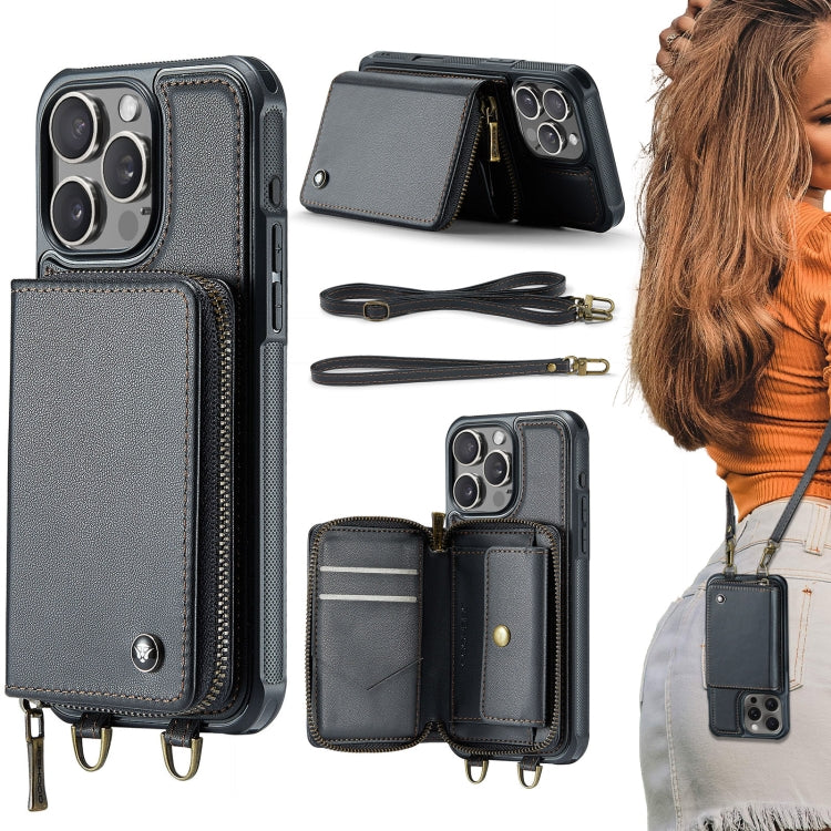 JEEHOOD C22 Series Zipper Wallet Leather Phone Case with Dual Lanyard, For iPhone 16 Pro, For iPhone 16 Plus, For iPhone 16, For iPhone 15 Pro Max
