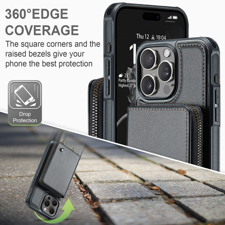 JEEHOOD C22 Series Zipper Wallet Leather Phone Case with Dual Lanyard, For iPhone 16 Pro, For iPhone 16 Plus, For iPhone 16, For iPhone 15 Pro Max