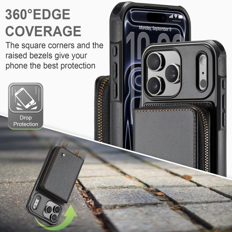 JEEHOOD C22 Series Zipper Wallet Leather Phone Case with Dual Lanyard, For iPhone 17 Pro Max, For iPhone 17 Pro, For iPhone Air, For iPhone 16 Pro Max