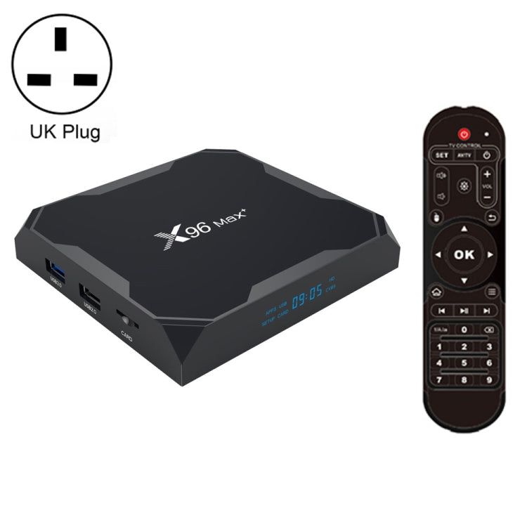 X96 Max+ 4K Smart TV Box: Android 9.0, Amlogic S905X3, Quad-Core, 2GB RAM, 16GB Storage, LAN, AV, 2.4G/5G WiFi, USB x2, TF Card, UK Plug