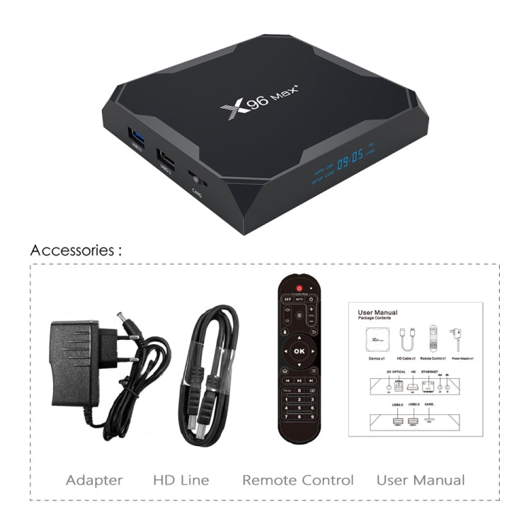 X96 Max+ 4K Smart TV Box: Android 9.0, Amlogic S905X3, Quad-Core, 2GB RAM, 16GB Storage, LAN, AV, 2.4G/5G WiFi, USB x2, TF Card, UK Plug