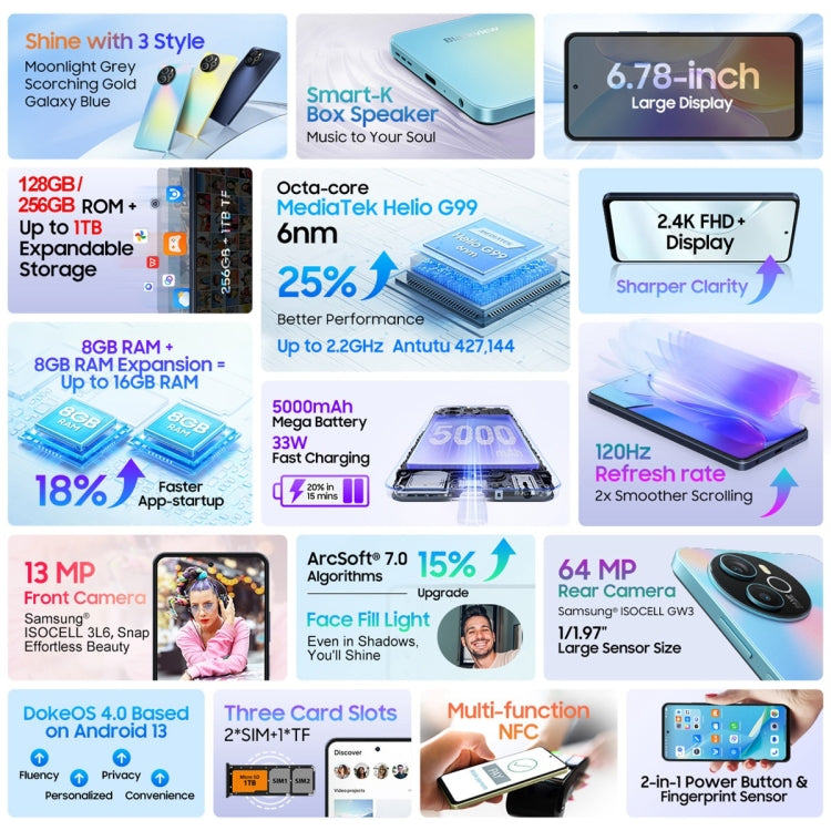 Blackview SHARK 8, 8GB+256GB, Fingerprint Identification, 6.78 inch Android 13 MTK6789 Helio G99 Octa Core up to 2.2GHz, Network: 4G, OTG(Galaxy Blue)