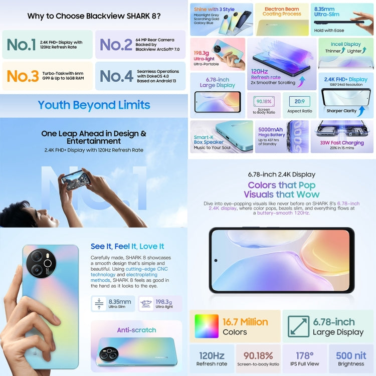 Blackview SHARK 8, 8GB+256GB, Fingerprint Identification, 6.78 inch Android 13 MTK6789 Helio G99 Octa Core up to 2.2GHz, Network: 4G, OTG(Galaxy Blue)