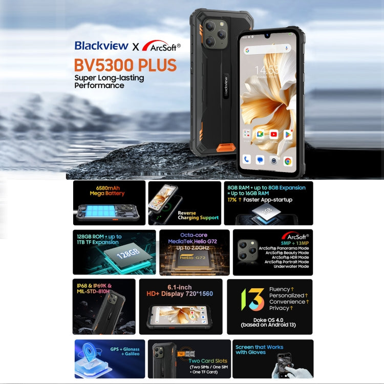 Blackview BV5300 Plus, 8GB+128GB, IP68/IP69K/MIL-STD-810H, 6.1 inch Android 13 MediaTek Helio G72 Octa Core, Network: 4G, OTG(Black)
