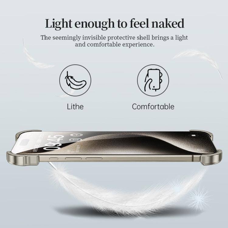 Frameless Metal Corner Pad Phone Case with Lens Film, For iPhone 15 Pro Max, For iPhone 15 Pro, For iPhone 15 Plus, For iPhone 15
