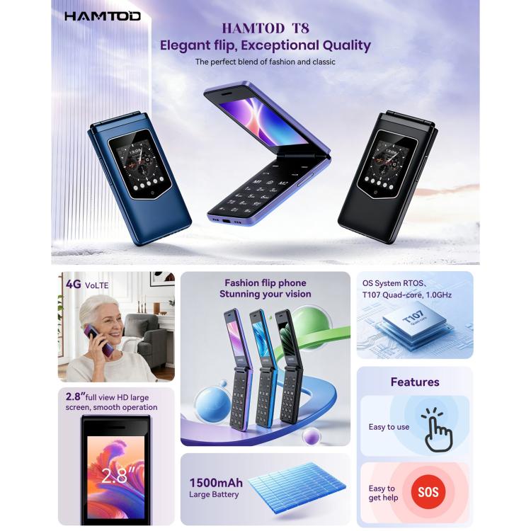HAMTOD T8 4G Flip Phone, 2.8 inch + 1.77 inch, VoLTE, BT, SOS, OTG, EU Version