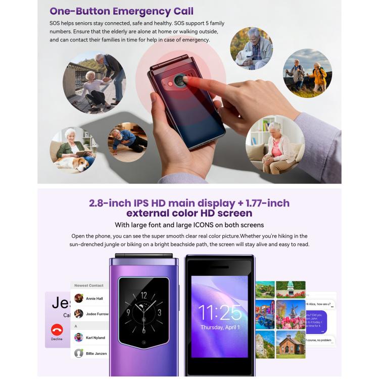 HAMTOD T8 4G Flip Phone, 2.8 inch + 1.77 inch, VoLTE, BT, SOS, OTG, EU Version