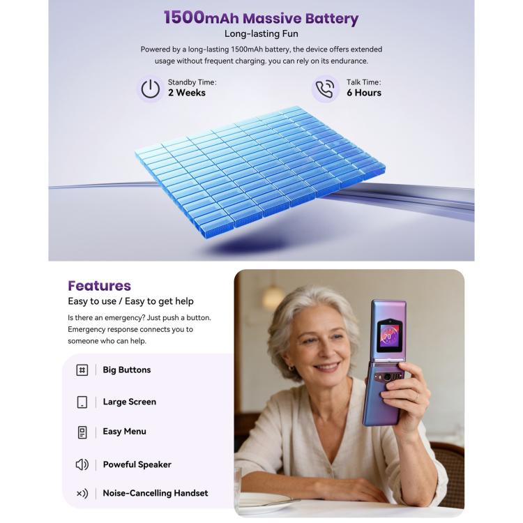HAMTOD T8 4G Flip Phone, 2.8 inch + 1.77 inch, VoLTE, BT, SOS, OTG, EU Version