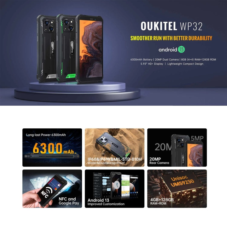 Oukitel WP32, 4GB+128GB, IP68/IP69K, 5.93 inch Android 13 Unisoc Tiger T606 Octa-core, NFC, OTG, Network: 4G(Green)