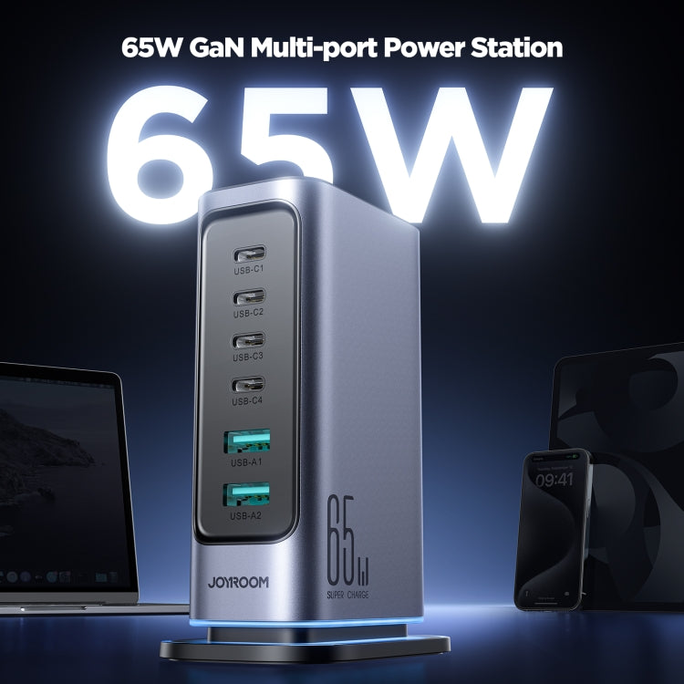 JOYROOM JR-TCM02 6 in 1 65W GaN 4 USB-C & 2 USB-A Multi-port Charger, Power Plug:EU Plug(Dark Gray)