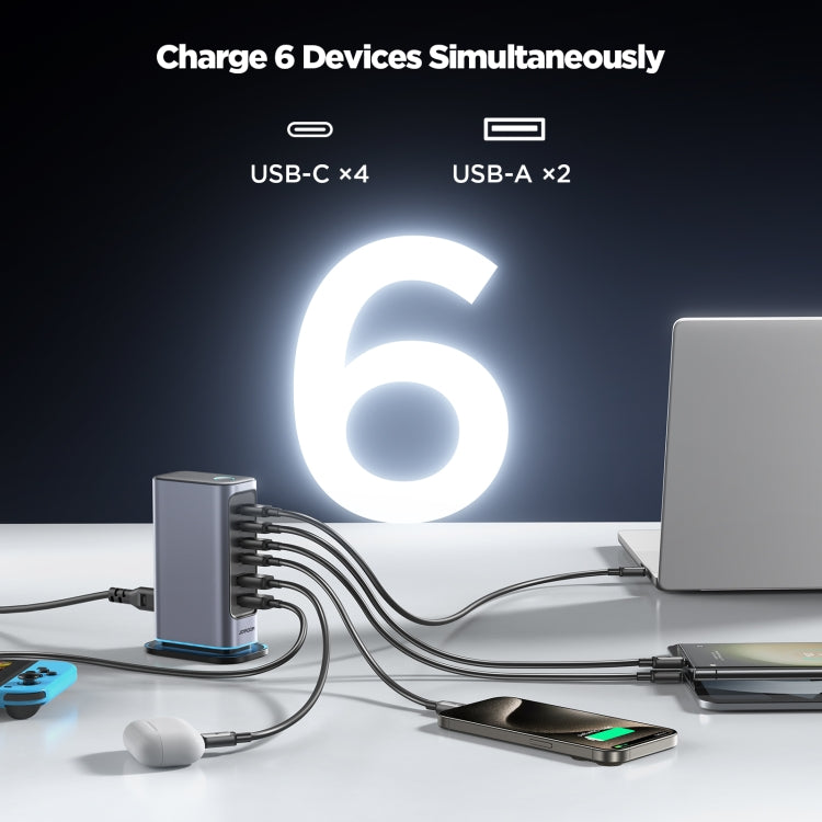 JOYROOM JR-TCM02 6 in 1 65W GaN 4 USB-C & 2 USB-A Multi-port Charger, Power Plug:EU Plug(Dark Gray)