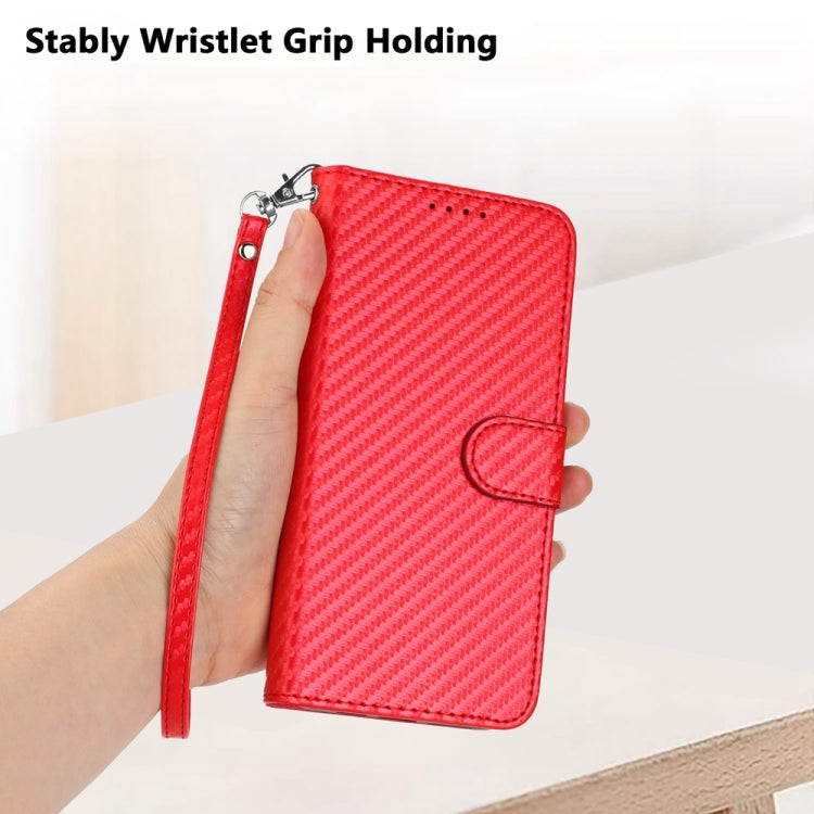 YX0070 Carbon Fiber Buckle Leather Phone Case with Lanyard, For iPhone 14 Pro, For iPhone 14 Pro Max, For iPhone SE 2022 / SE 2020 / 8 / 7