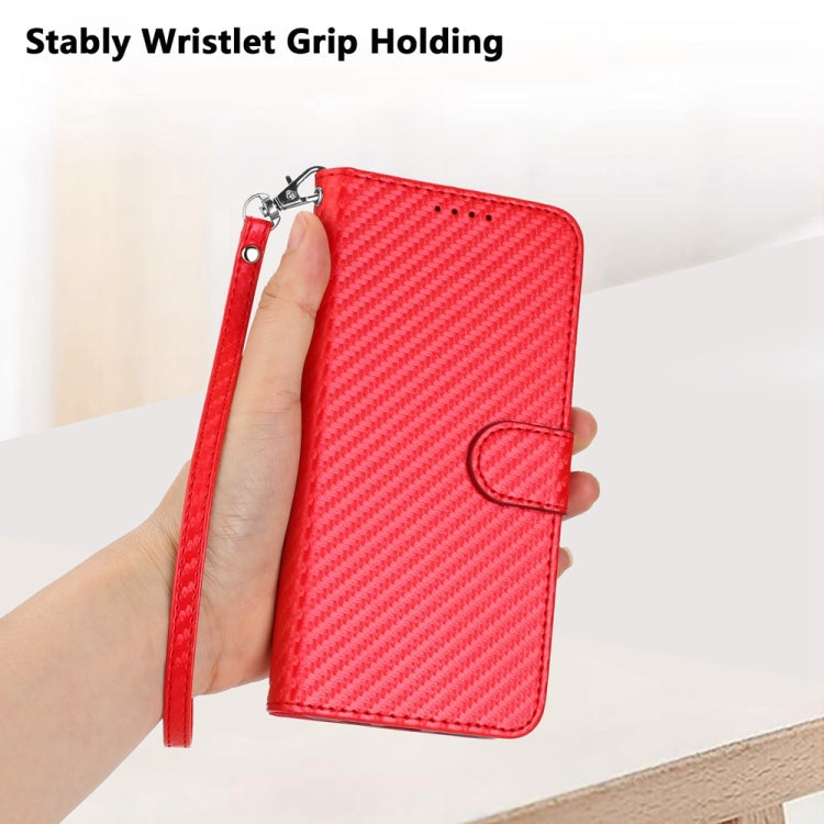 YX0070 Carbon Fiber Buckle Leather Phone Case with Lanyard, For iPhone 16 Pro, For iPhone 16 Plus, For iPhone 16