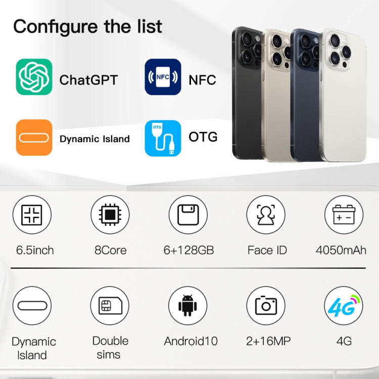i15 Pro Max / Q5A, 6GB+128GB, 6.5 inch Screen, Face Identification, Android 10 MTK6762 Octa Core, OTG, NFC, Network: 4G, Dual SIM(Titanium White)