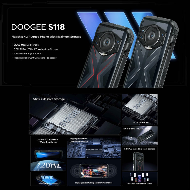 DOOGEE S118 Rugged Phone, 8GB+512GB, 6.58 inch Android 14 MediaTek Helio G99 Octa Core, Network: 4G, OTG, NFC(Black Silver)